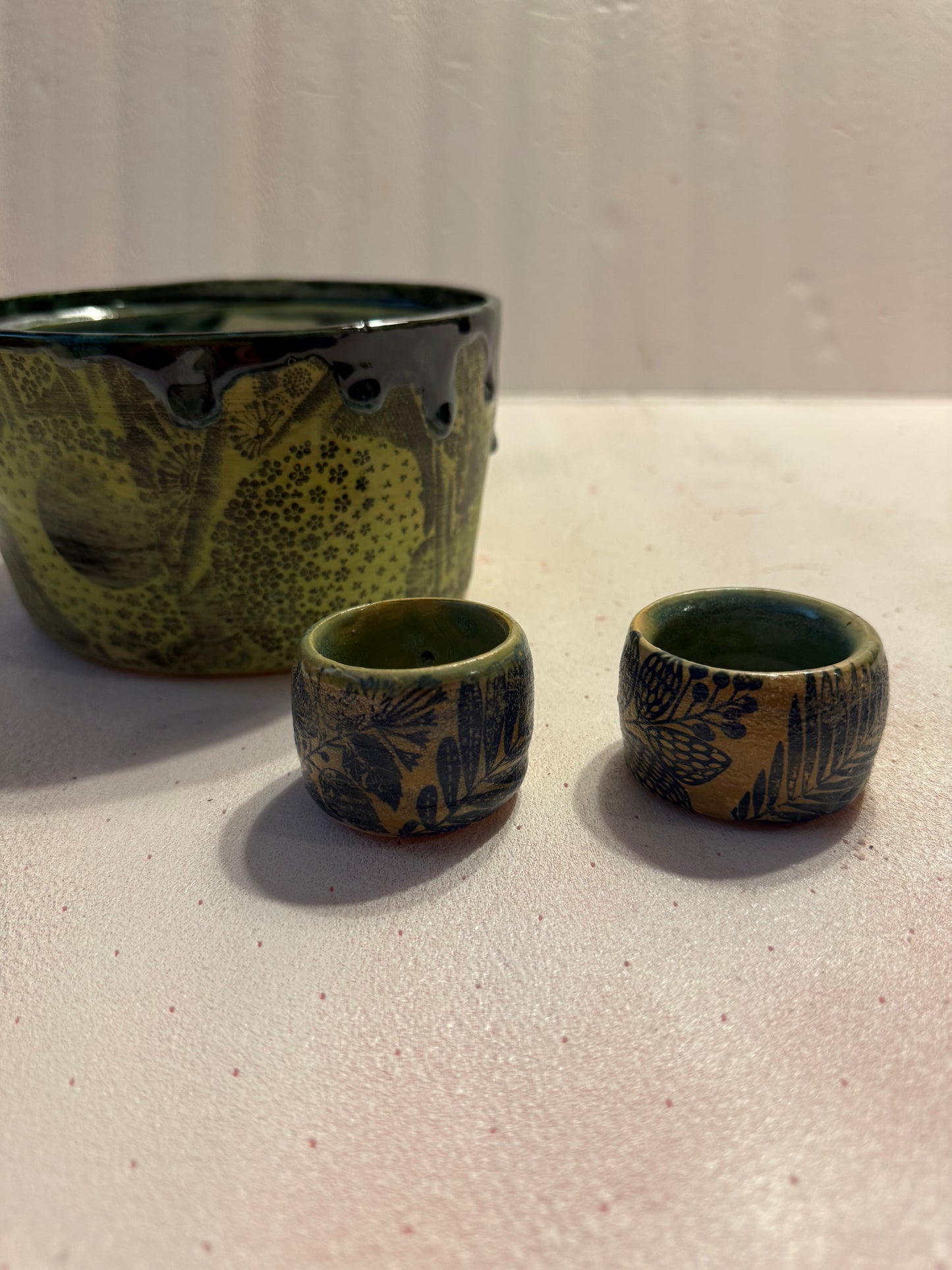 Giant botanical hand thrown drippy bowl
