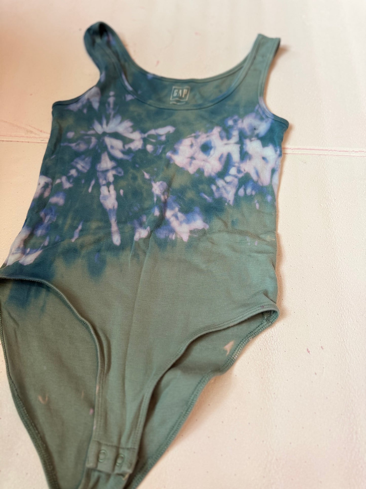 Hand-Dyed GAP Bodysuit – Deep Teal + Ice Burst (Size Small)