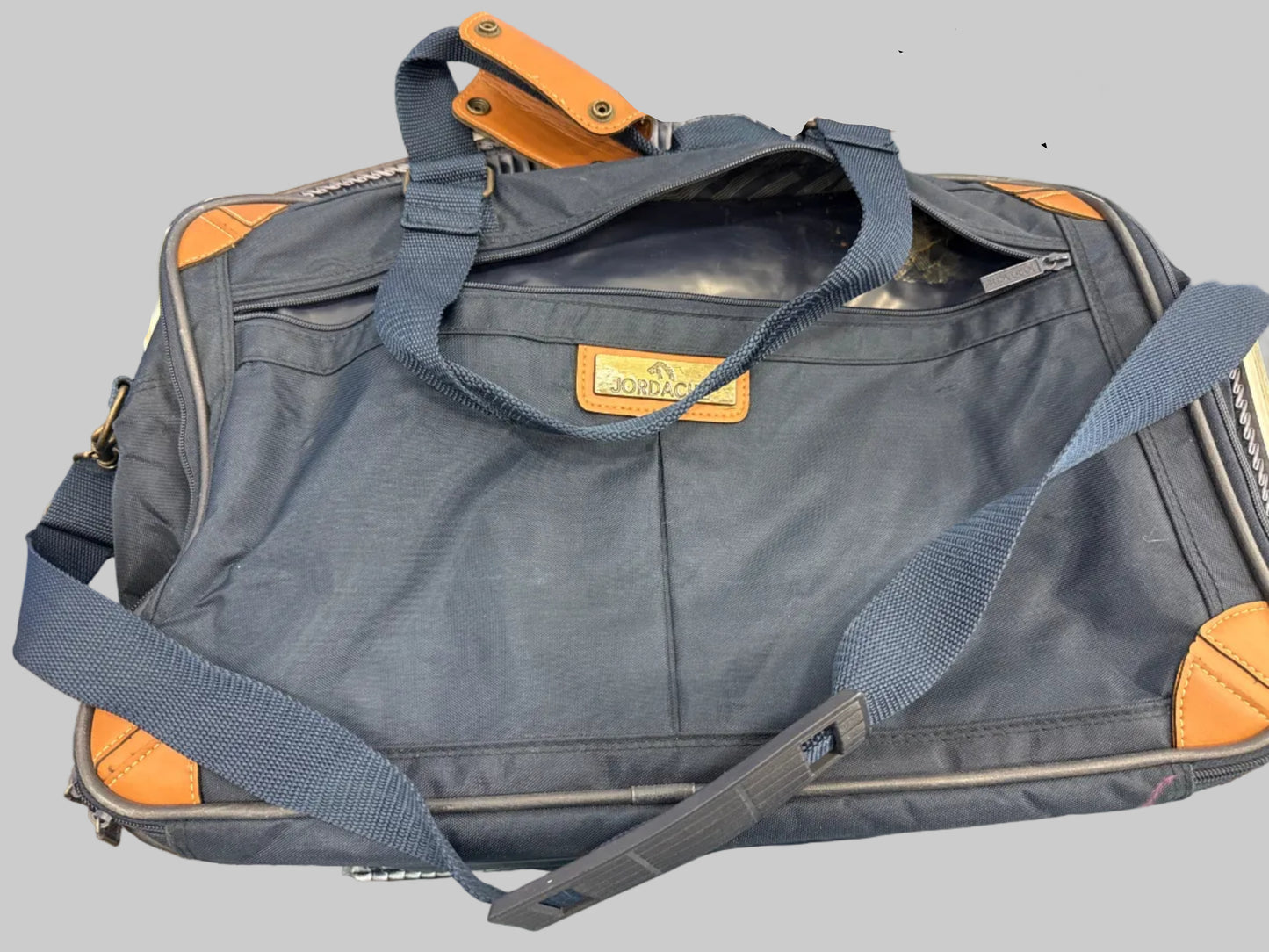 Blue shoulder/laptop bag with leather/brown details