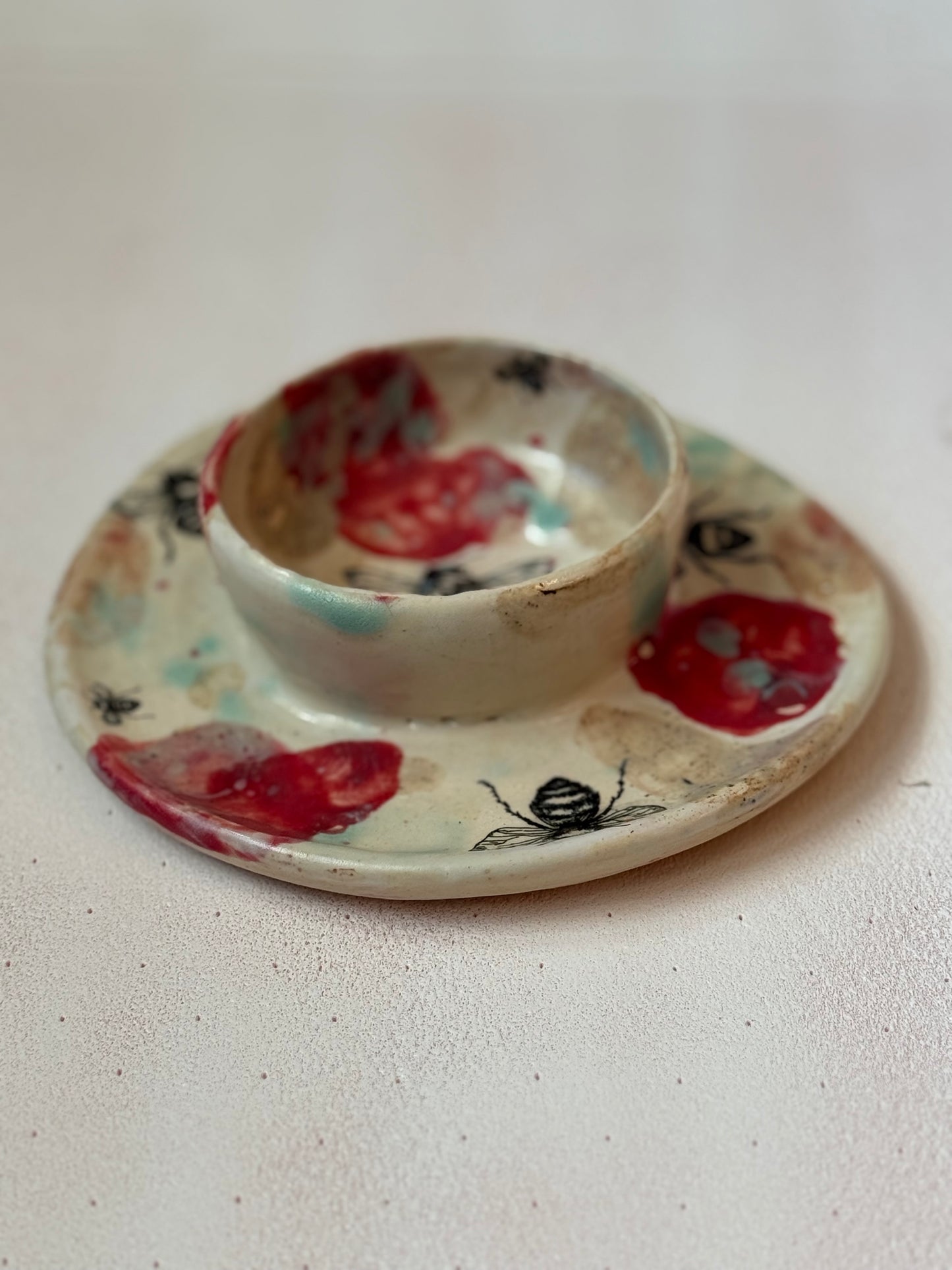 Hand thrown one of a kind dish-Bee motif