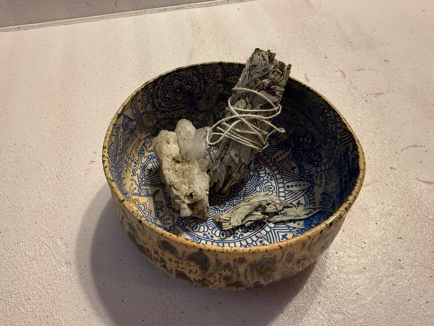 Hand thrown large mandala print ritual bowl